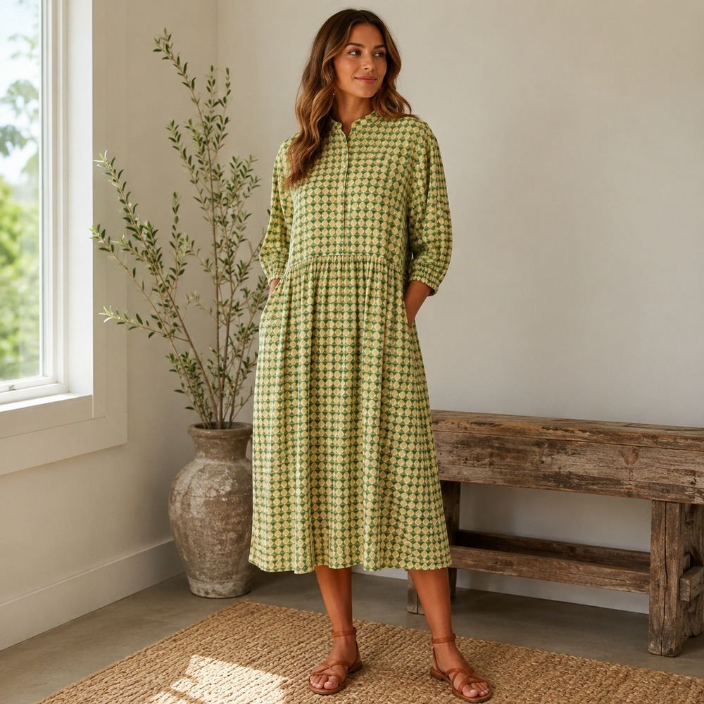The Tiny Big Sister Midi Dress Geometric Print Viscose Green Yellow Size 34 US 2